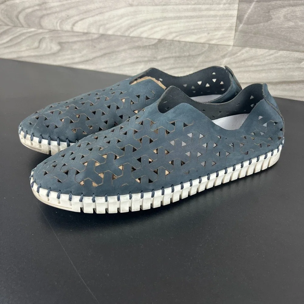 Eric Michael Inez Shoes Men's 10 Navy Blue Leather Casual‎ Slip-On Flats Preppy